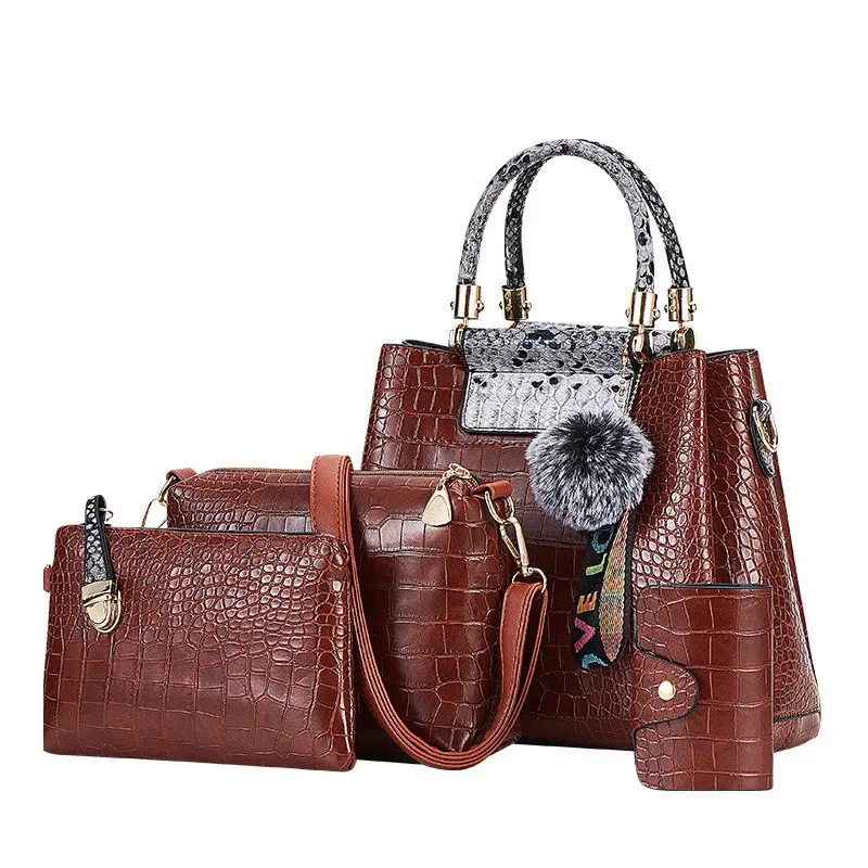 4PS Brown Gray FUNMARDI 4 шт. женские сумки набор роскошных крокодиловых женских сумок из искусственной кожи сумки на плечо брендовые композитные сумки-мессенджеры WLHB2024 - Цвет: 4PS Brown Gray