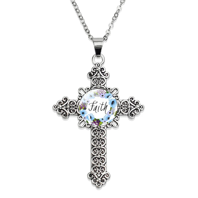 

Christian Faith Cross Necklace Glass Cabochon Bible Scripture Pendant Church Souvenir Chain Necklace Jewelry Gift for Christians