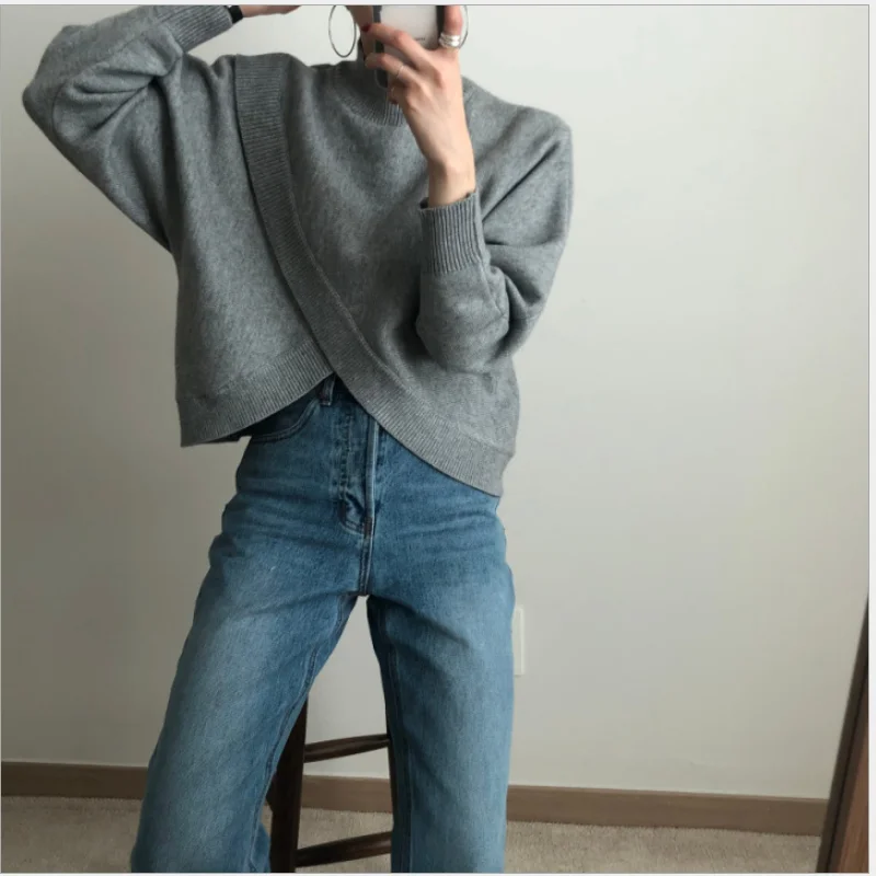 

2021 autumn and winter fashion simple sweater women's outer wear loose sweater retro rainbow short knit sweater coat