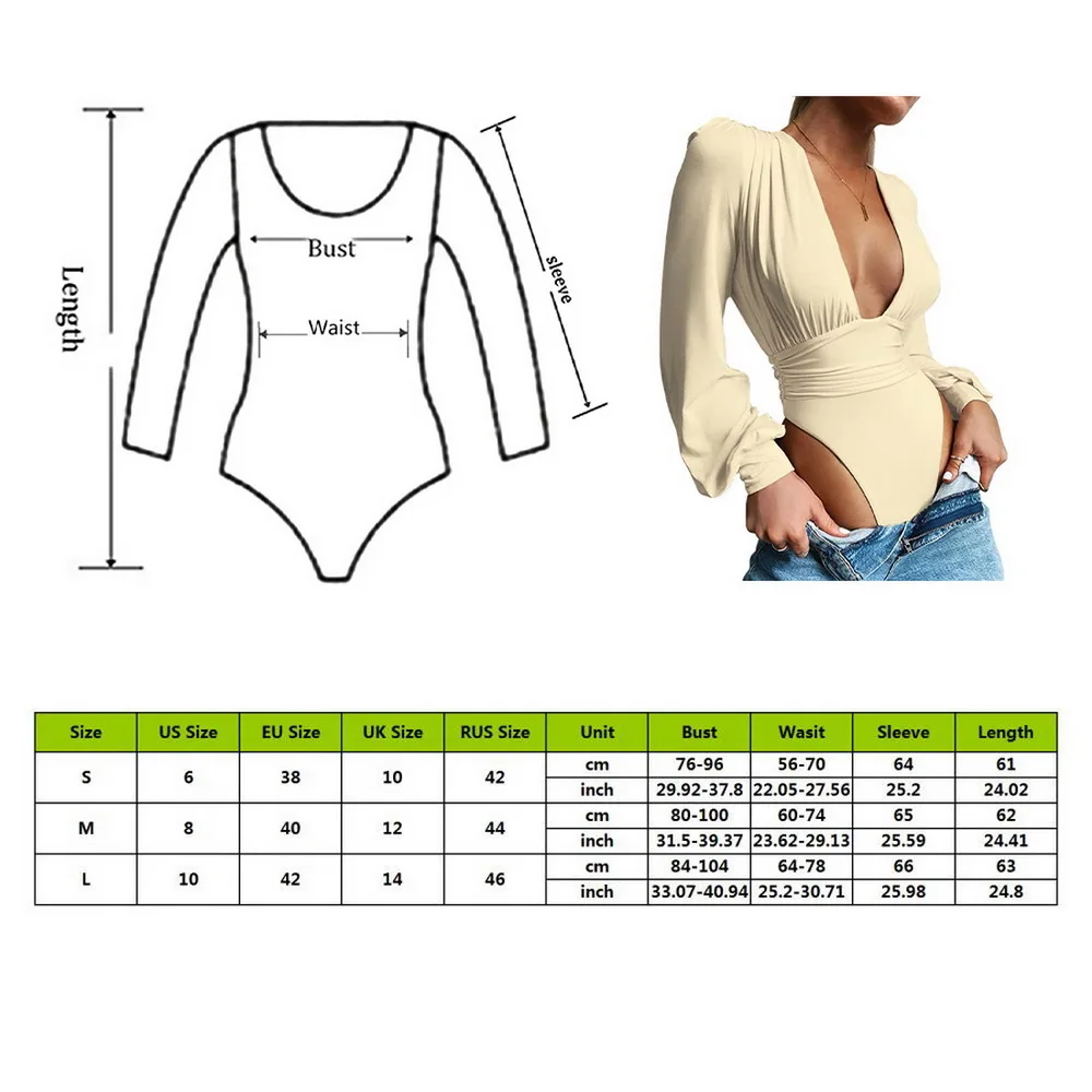 

Sexy Deep V-Neck Ruched Bodysuits Long Sleeve Women Tops High Waist Fashion Bodysuit Club Party