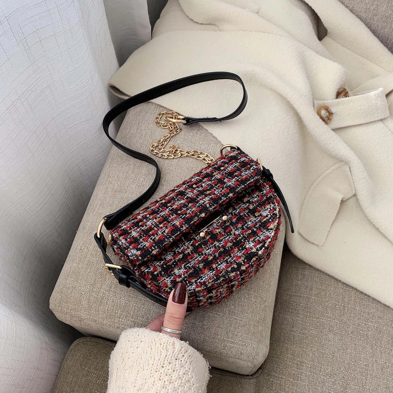 Зимние твидовые женские сумки качественные шерстяные тканые через плечо