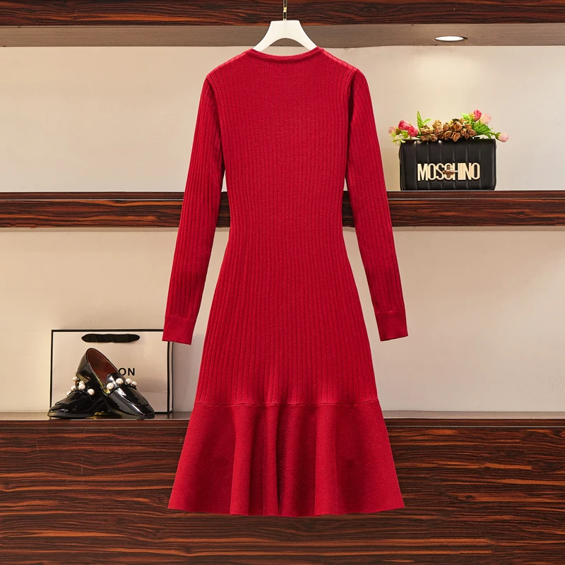 Plus Size 2020 Winter Warm Side Buttons Beaded Sweater Dress Women Knitted Long Sleeve Bandage Wrap Mermaid Party Red Dresses | Женская