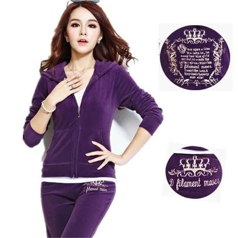 purple Осень, Женский комплект из 2 предметов, женские толстовки, спортивный костюм и штаны, бархатные тканевые спортивные костюмы, велюровые тонкие спортивные костюмы красного цвета - Цвет: purple
