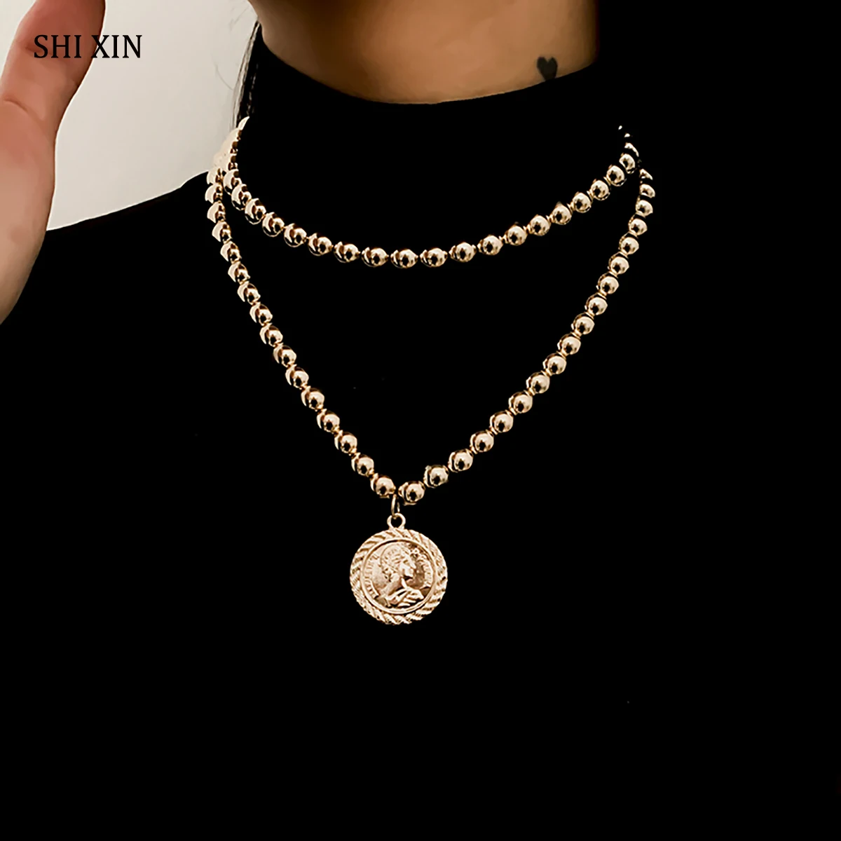 

SHIXIN Layered Beads Choker Necklace Collar for Women Punk Beaded Chains With Coin Pendant Necklaces 2021 Fashion Girls Jewelry