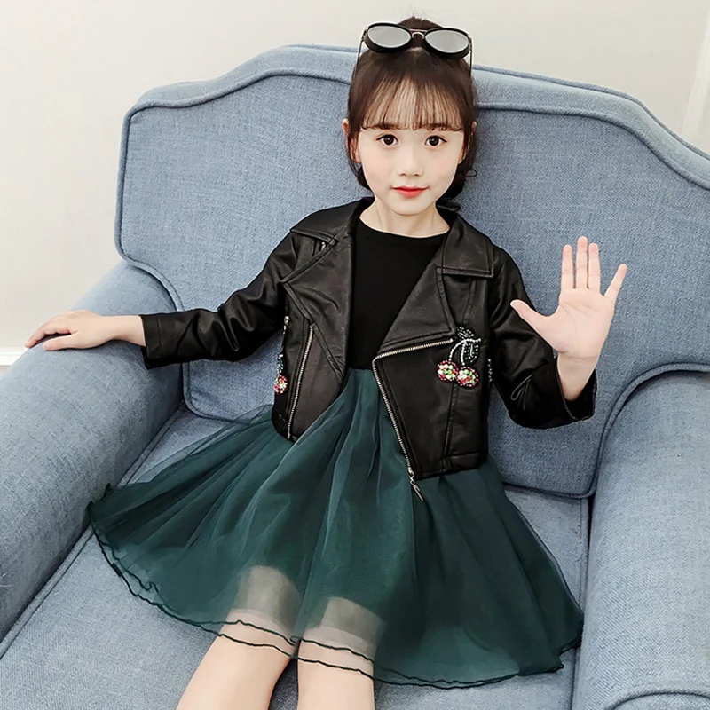 Весенне-осенний комплект одежды для девочек шорты кожаное пальто + платье
