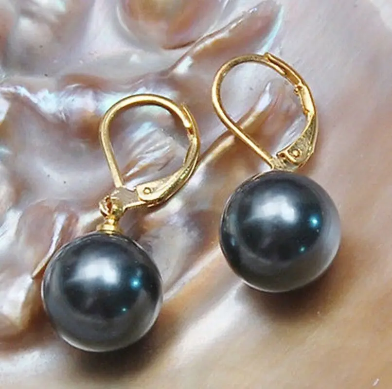 

8mm Black Round south sea shell pearl 14K GP Hook dangle earrings AAA