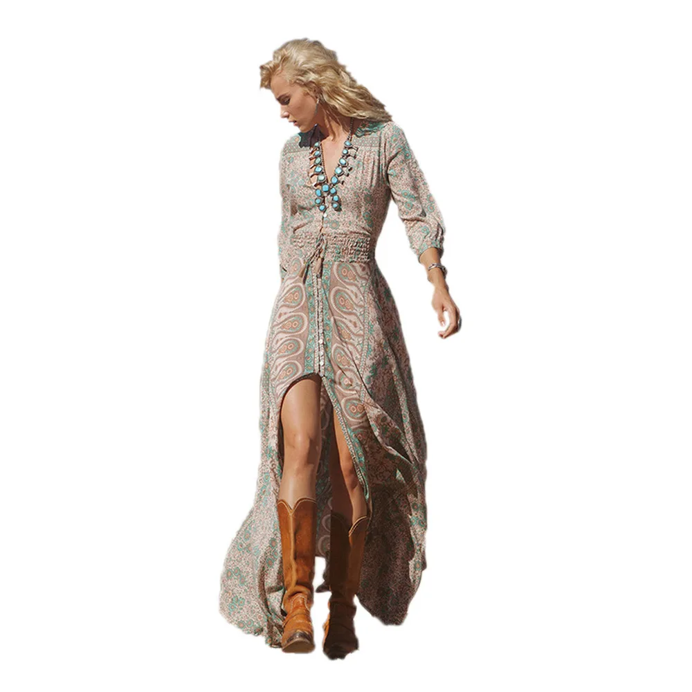 

Lady V-neck Three-Quarter Sleeve Fashionable Dress Elegant Printed Elastic Waist Chiffon Dress Women Long Sexy Dress S-5XL