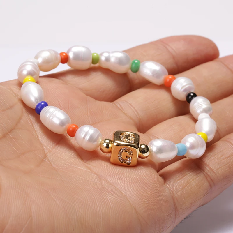 

5pcs Natural Freshwater Pearl Gold Cubic Initial Alphabet 26 A-Z Letter Micro-inlaid Zircon Beaded Unisex Bracelet For Women2020