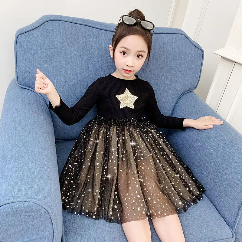 Long Sleeve Children Mesh Dress Stars Style Shining Sequin Party Evening Paillette Clothing High Quality Kids | Детская одежда и