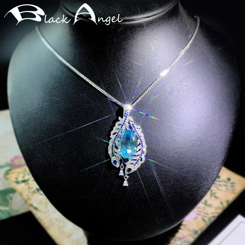 

BLACK ANGEL New Sky Blue Topaz Temperament Feather Pendant Inlaid Pave Zircon Gemstone Necklace For Women Student Party Jewelry