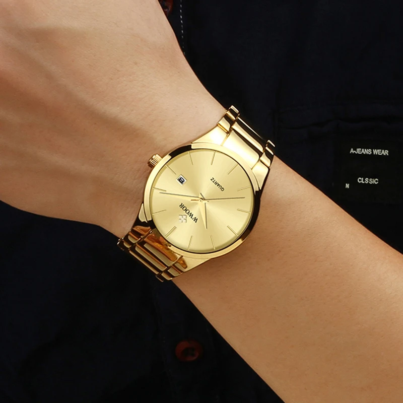 

WWOOR Gold Stainless Steel Watches Mens 2021 Luxury Golden Quartz Watch Male Casual Waterproof Automatic Date Sports Wrist Watch
