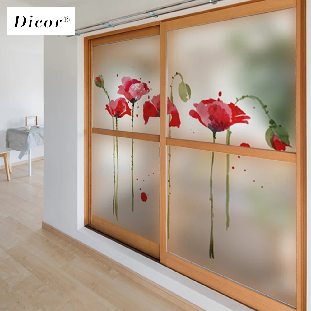 Красный цветок Поппи витражная пленка клейкая цветы наклейки на окна стекло для