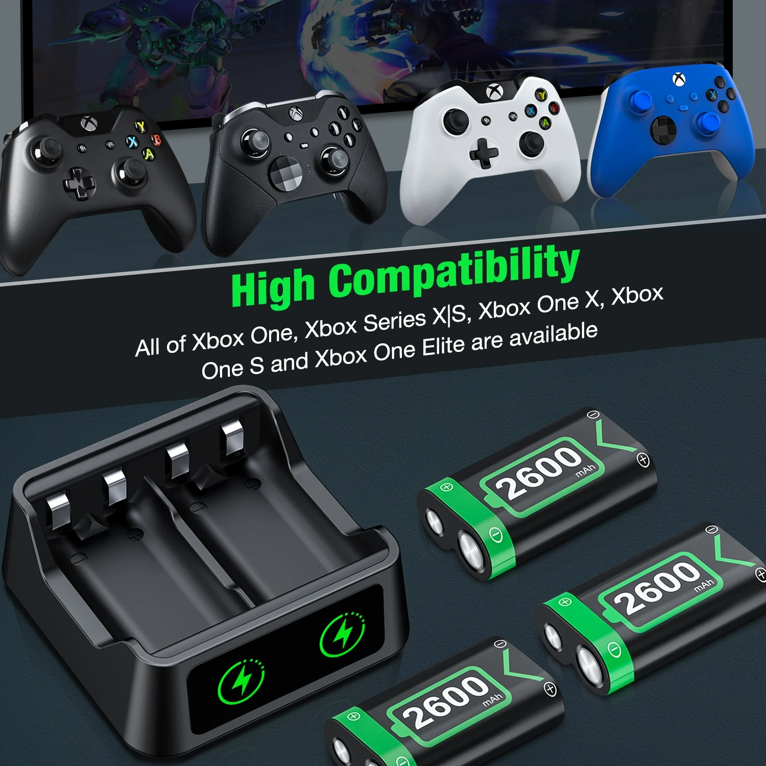 3 шт. аккумуляторные батареи 2600 мАч для Xbox серии X | S/Xbox One/X/S/Elite беспроводной