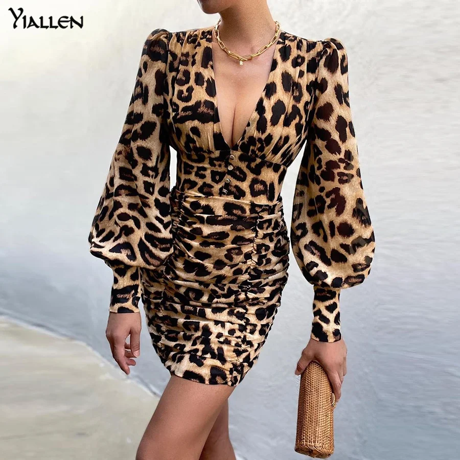 

Yiallen Autumn New Fashion Sexy V Neck Leopard Mini Dress For Women Casual Office Lady Elegant Floral Bodycon Dresses Party Hot