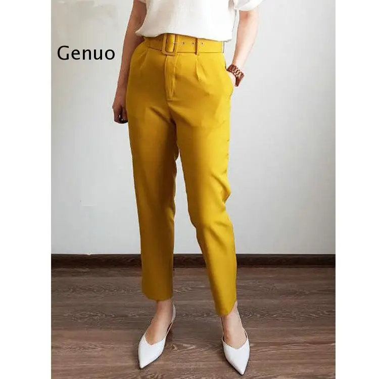 

Black Suit Pants Woman High Waist Pants Sashes Pockets Office Ladies Pants Fashion Middle Aged Pink Yellow Pants