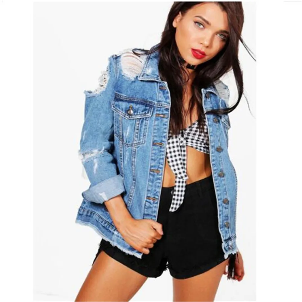 

European American Street New Ladies Loose Long-Sleeved Big Hole Denim Jacket Women Clothes Overcoats Outwear