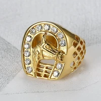 trend hollow horse head ring men shiny rhinestone gold color ring fashion party banquet jewelry gift