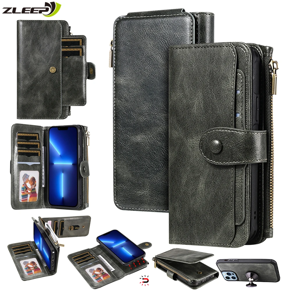 

Multifunction Zipper Wallet Case For iPhone 13 12 Mini 11 Pro XS Max XR X 8 7 6 6s Plus SE 2020 Leather Cards Purse Phone Cover