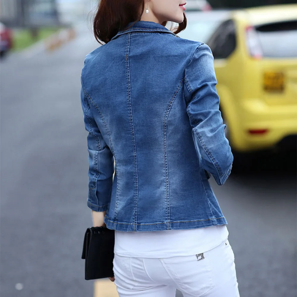 

2021 Womens Office Ladies 1 Button Slim Fit Washed Stretch Work Denim Jean Business Suit Blazer Jacket Coat