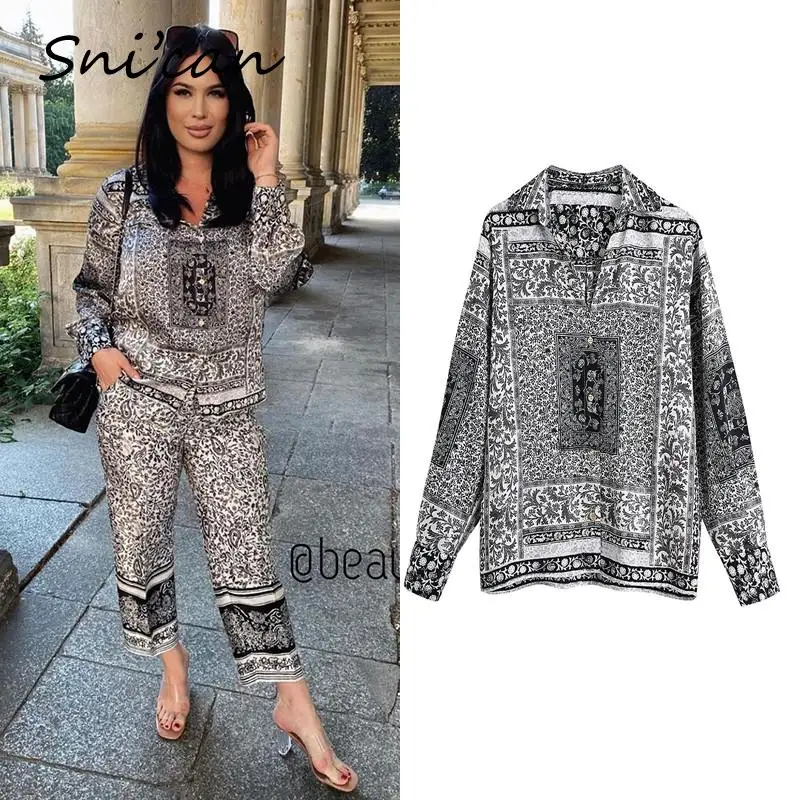 

Black Paisley Satin Blouse Za 2021 Women Haut Femme Elegant Summer Fashion Female Chic Tops Vintage Ladies Shirts Blusas New