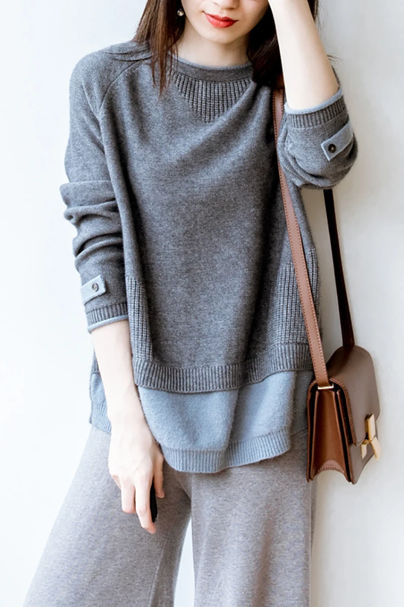 Двойной кашемировый свитер Женский пуловер с круглым вырезом новый корейский