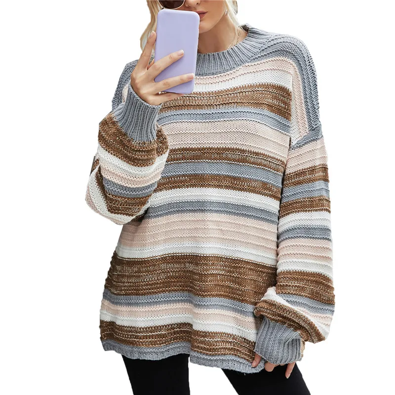 

Women Fashion Striped Color Block Sweater Stylish Long Sleeve Pullover Sweater for Ladies Elegant Crew Neck Pullover Sweaters