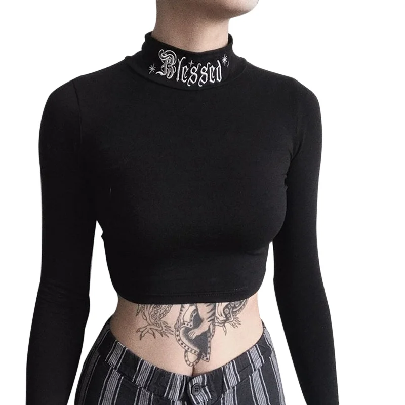 

Tops for Women Black Bodycon Long Sleeve Crop Tops Gothic Harajuku Letter Embroidery Vintage Solid Female Casual Basic Top