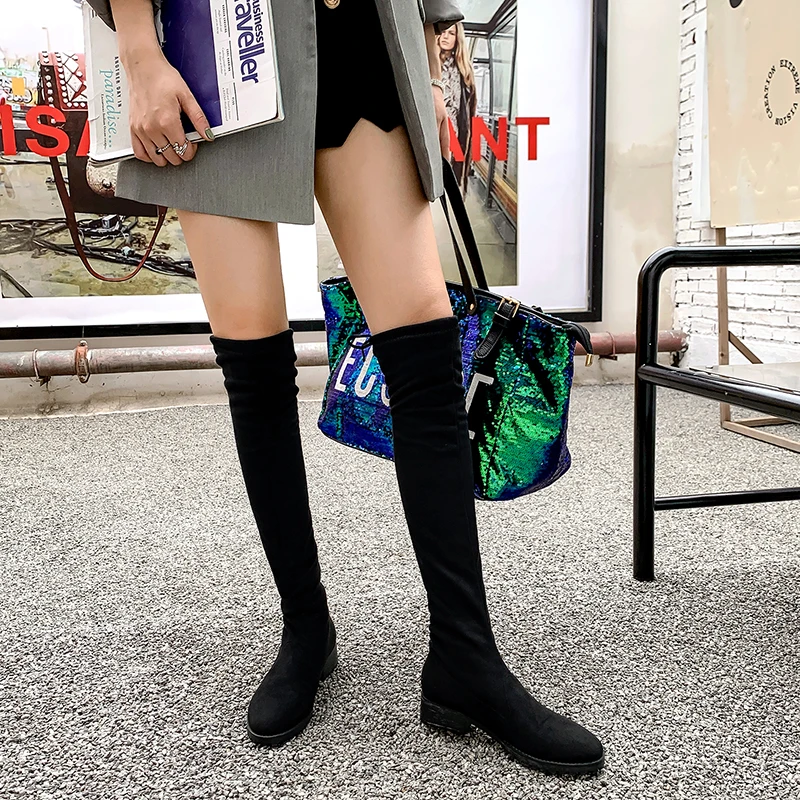 black Short plush Г. Женские узкие Сапоги выше колена на низком каблуке замшевые черные модные пикантные зимние сапоги до бедра с круглым носком женская обувь 33-43 - Цвет: black Short plush