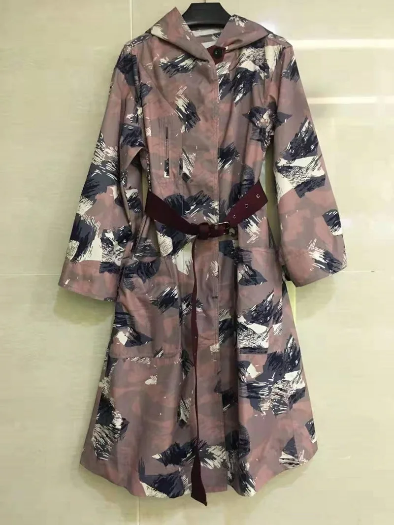 

Hooded Long Coat Trench 2021 Autumn Fashion Style Women Abstract Prints Covered Button Adjustable Belt Casual Long Coat Outwear