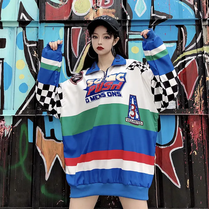 

Streetwear women hoodie sweatshirt Long Sleeve Loose hooded Letter Printed Patchwork Tops female thick hoodies pullover