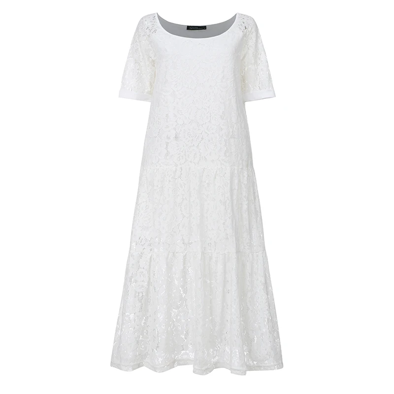 Off White Летний сарафан, ZANZEA, модное кружевное макси платье, женское сексуальное платье с открытыми плечами, женское пляжное платье с коротким рукавом, большой размер - Цвет: Off White
