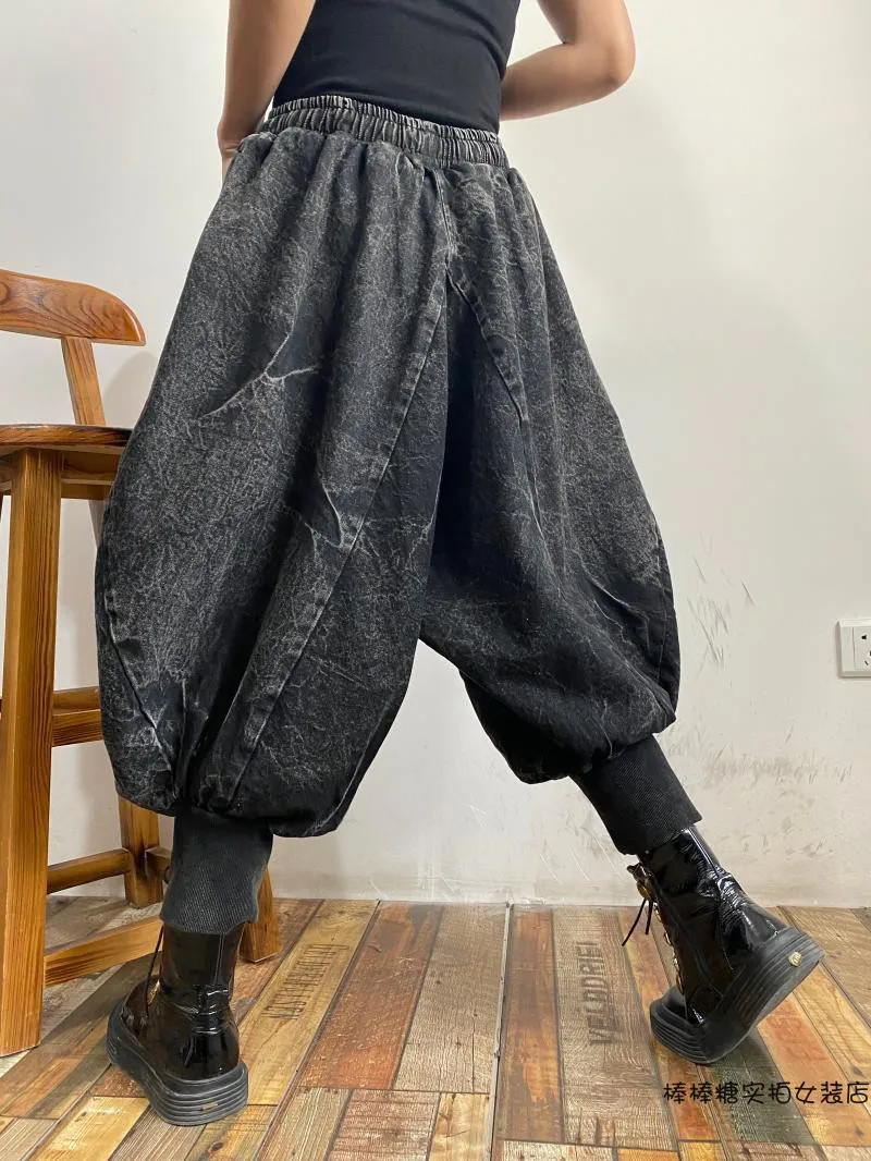 LYUZHE Vintage Solid Tie Feet Denim Wide Leg Pants Women 2021 Summer Distressed Drawstring Ankle-Length Pants Black Blue QDY110