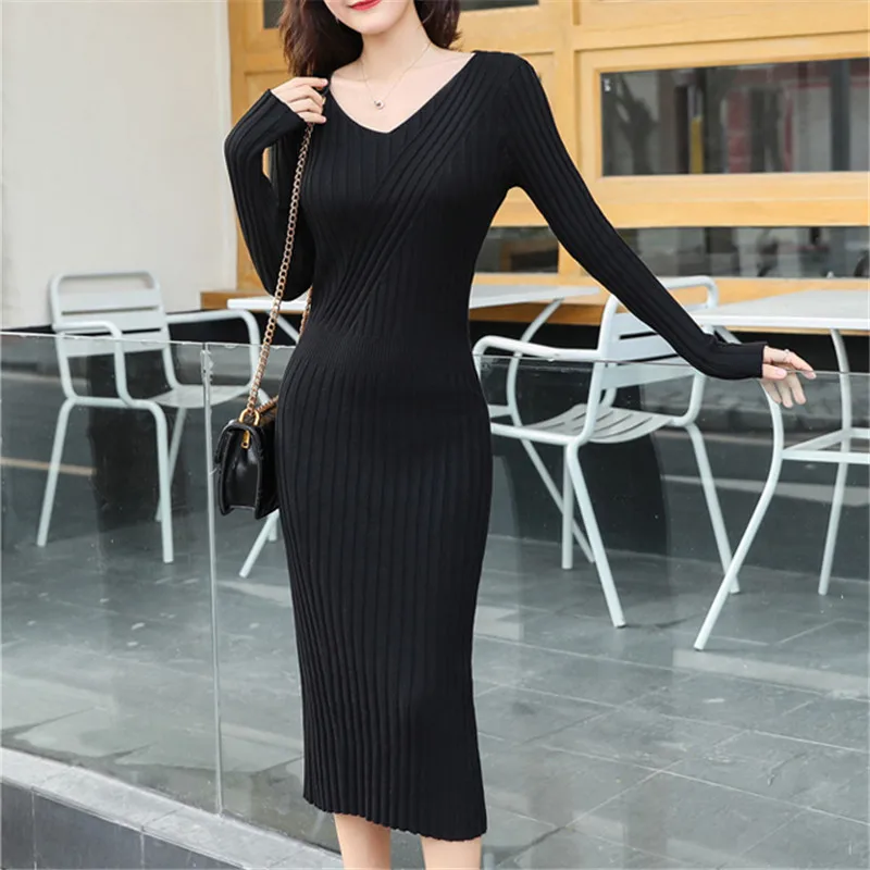 Женское трикотажное платье-свитер с V-образным вырезом | Женская одежда