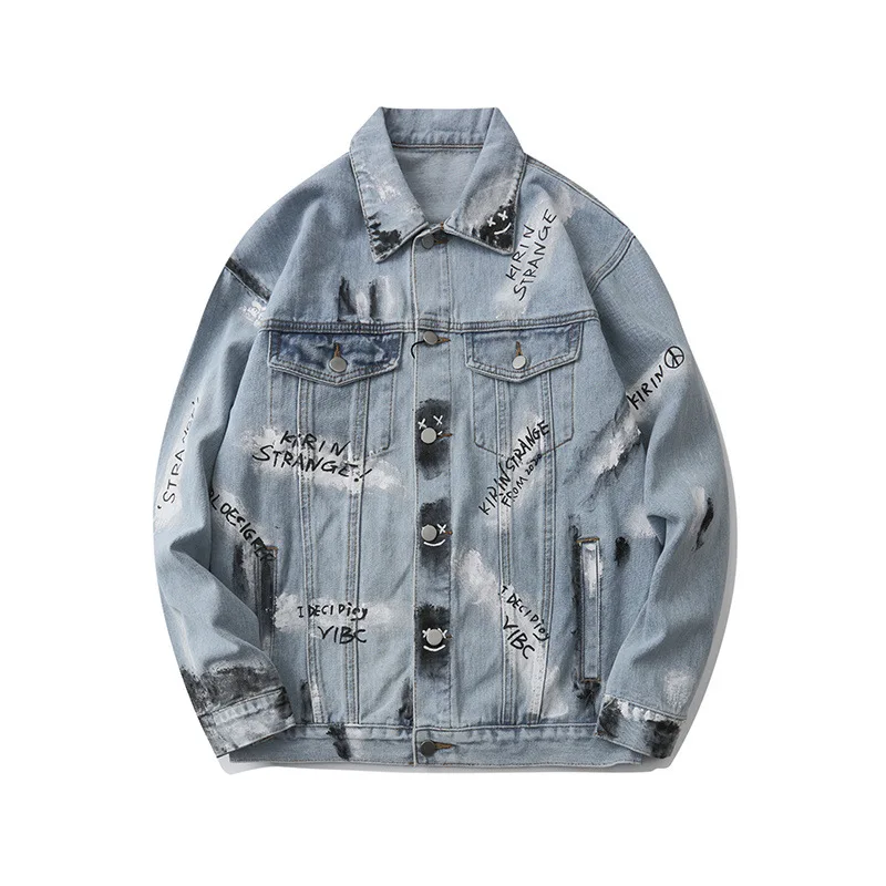 

ABOORUN Men's Hip Hop Denim Jackets Cartoon Painted Patchwork Denim Jackets Streetwear Cotton Coat for Male