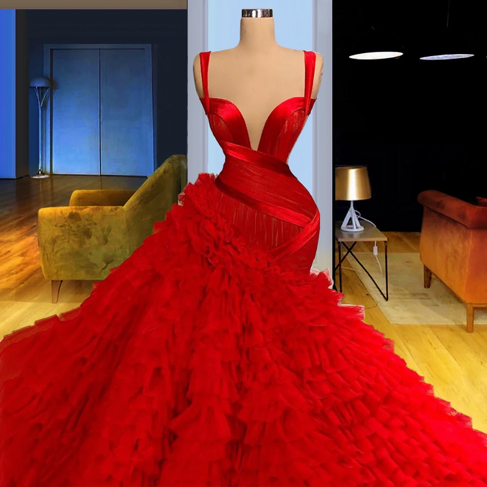 Rotating Asymmetric Ruffled Skirt Elegant Dress Women For Wedding Party vestidos de promoción vestidos de graduación Red Prom