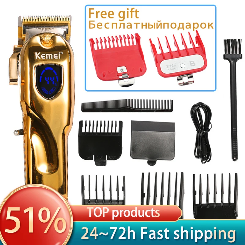 Aparador de Cabelo Profissional sem Fio Cortador de Cabelo Kemei Barbeiro Máquina Cortar Cabelo 4 Alavanca Lâmina Ajuste Display Lcd Aparador Barba