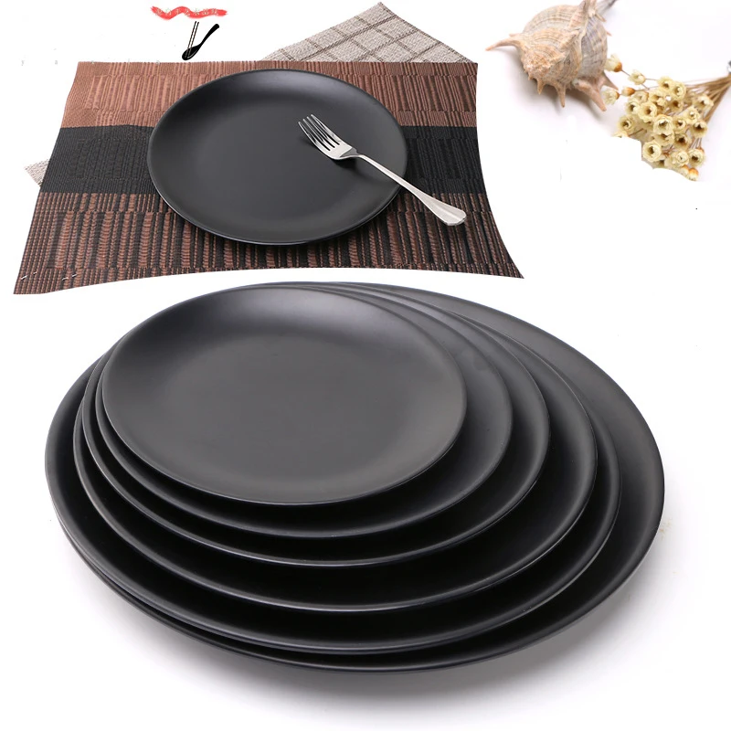 

Anti-fall Black Melamine Round Tray Dinner Plate Dishes Food Snacks Sushi Steak Plates Dessert Tea Tableware