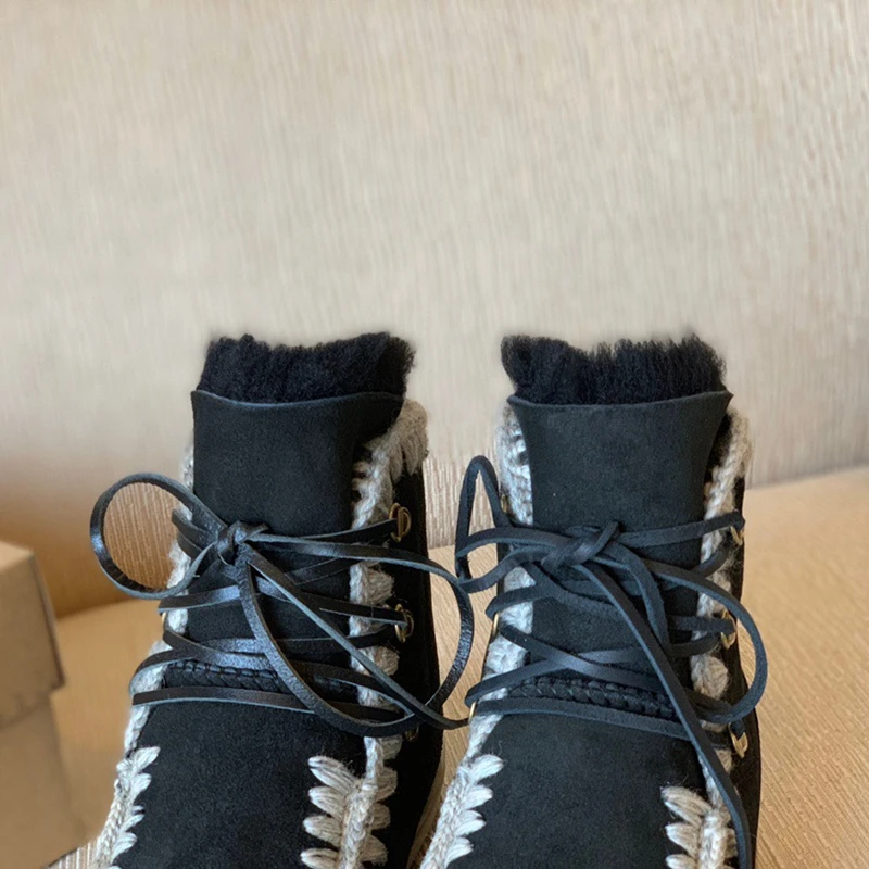 

Prowow Snow Boots Winter Shoes Embroider Rubber Sole Luxury Brand Casual Shoes Wool Round Toe Flats Ankle Boots Zapatos Mujer