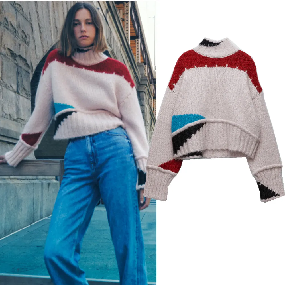 

Za Sweaters Pullover 2021 Women Colour Block Knit Sweater Autumn Winter High Neck Long Sleeve Warm Oversized Harajuku Sweater