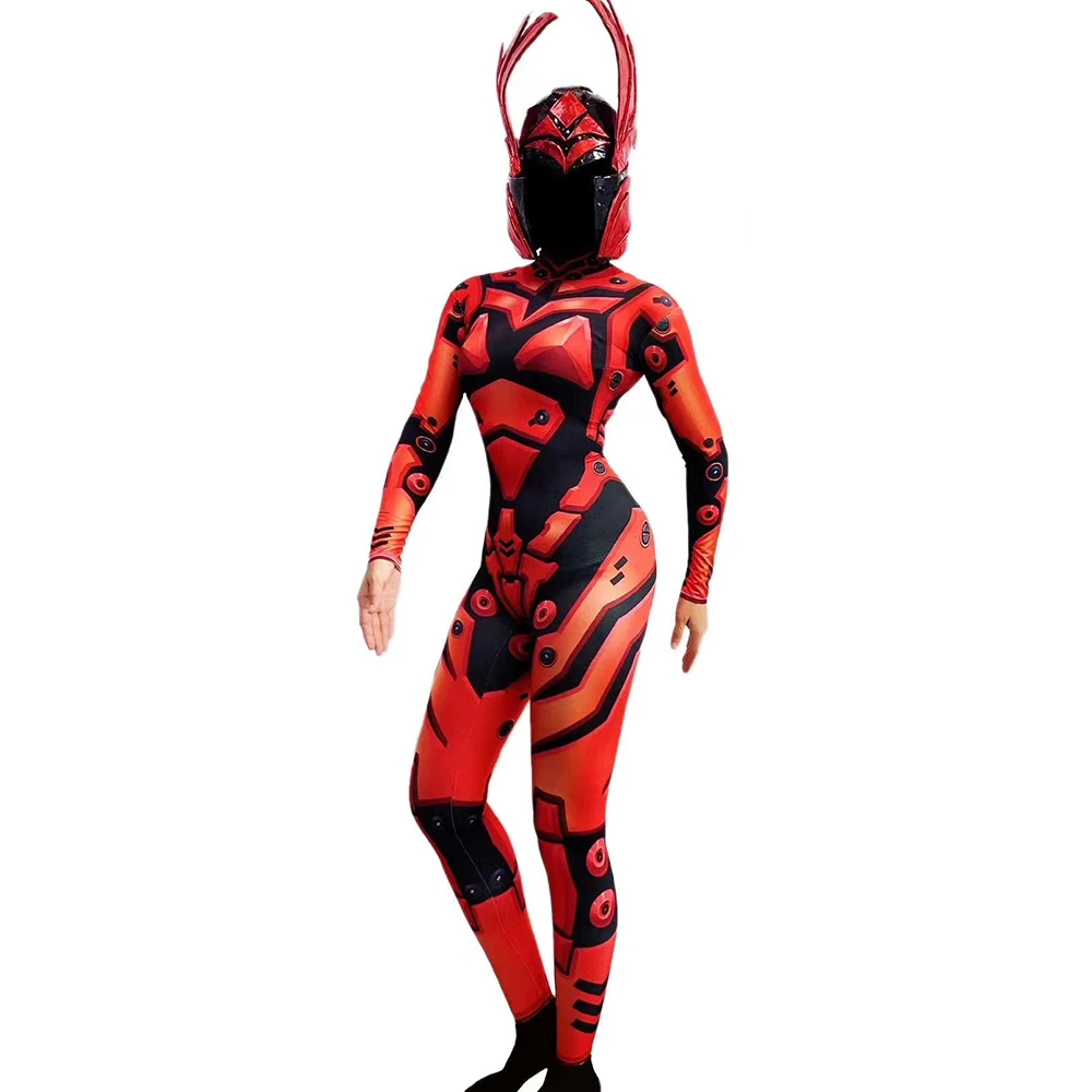 

Red-Black Striped Leotard Robot Design Printing Jumpsuit Festival Outfit Halloween Party Bodysuit Costume Cosplay