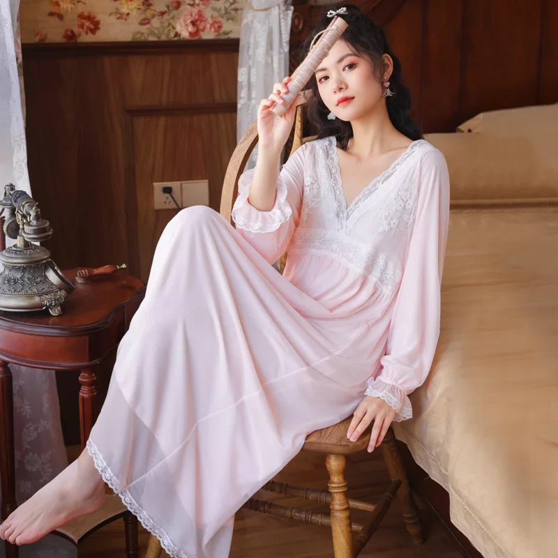 

Long sleeve nightdress women's autumn modal cotton long sexy pajamas court home dress Embroidered Lace Princess nightdress