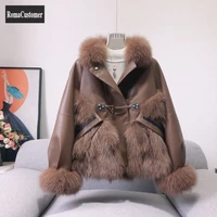 autumn winter new fox fur coat womens short turn down collar puff sleeve fur spliced korean office lady fashion overcoat