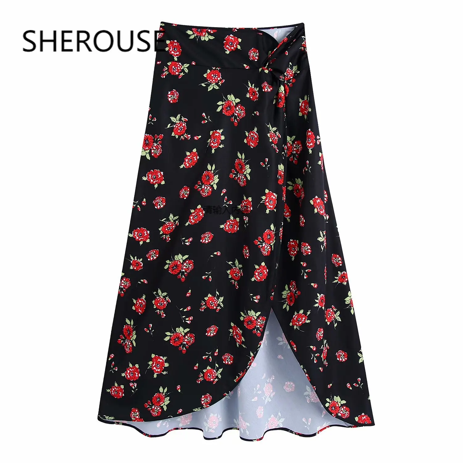 

SHEROUSE 2021 Women Fashion Floral Printed Side Slit Midi Skirt Elegant Elastic High Waist Vintage Female Skirts Woman jupe