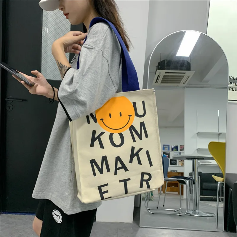 

Causal Letters Print Women Canvas Tote Bag Cute Smile Pattern White Black Shoulder Bag Large Cotton Ladies Handbag For Girl 2021