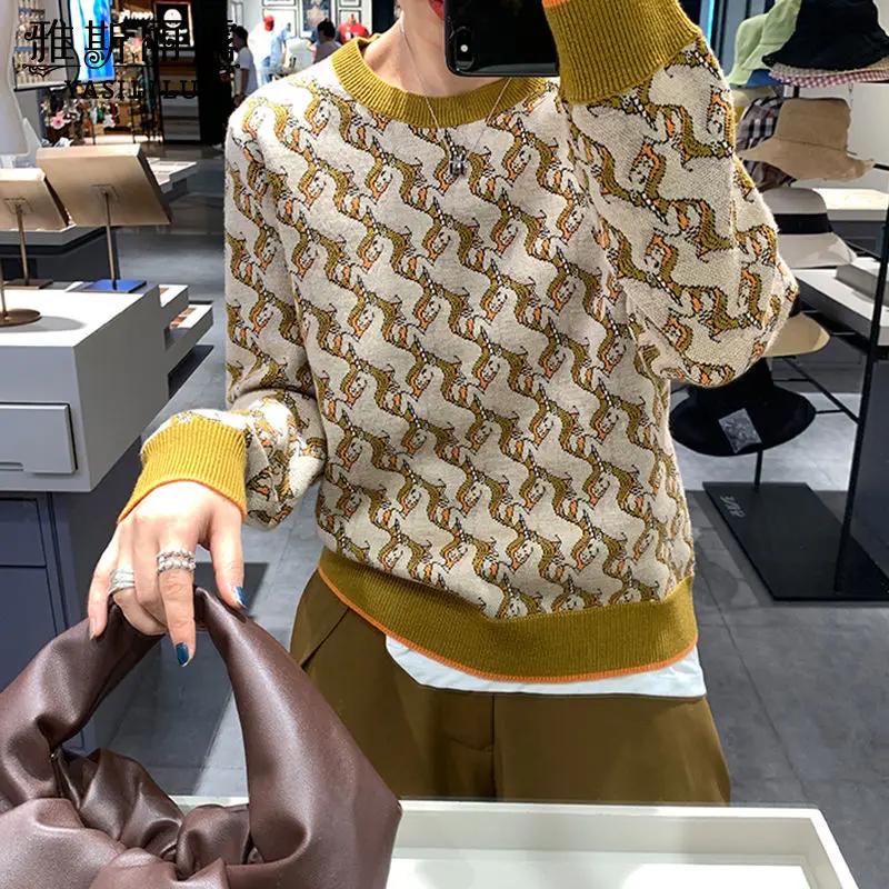 

2021 spring and autumn new jacquard long sleeve round neck Pullover women's loose knit top women's sweater