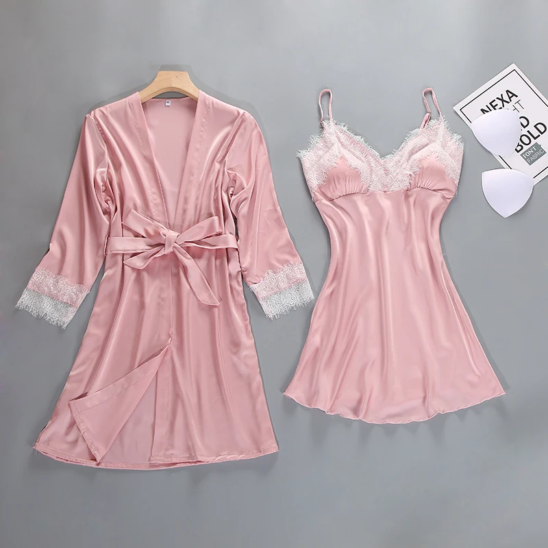

Women Robe Gown Set Sexy Silk Satin Sleepwear Lace Nightwear Button Lounge Set Summer Home Clothing