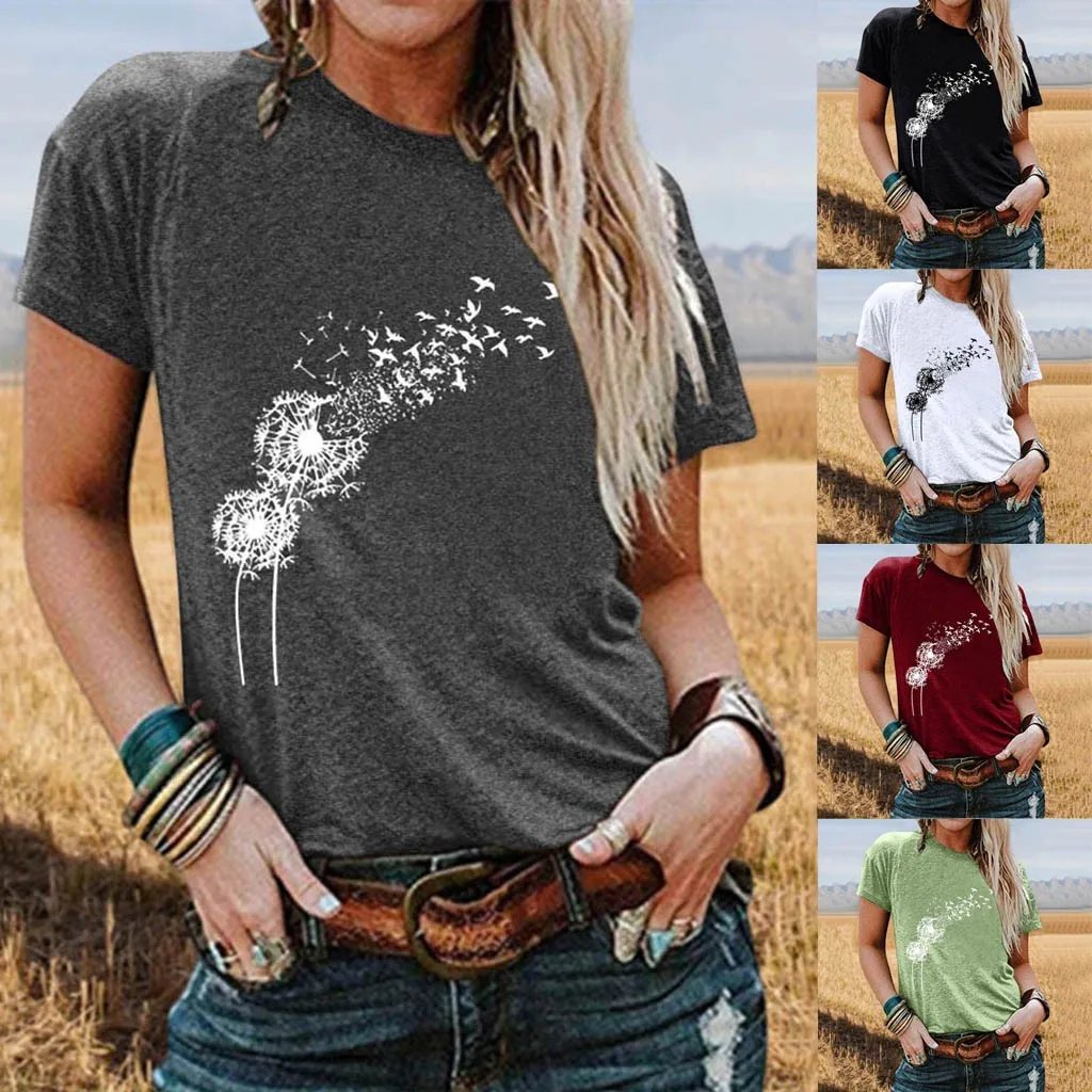 

Fashion Women T-shirt Summer Printing Casual O-neck Funny Tops Ladies Loose Dandelion Print Short Sleeve Tops T Shirt#35