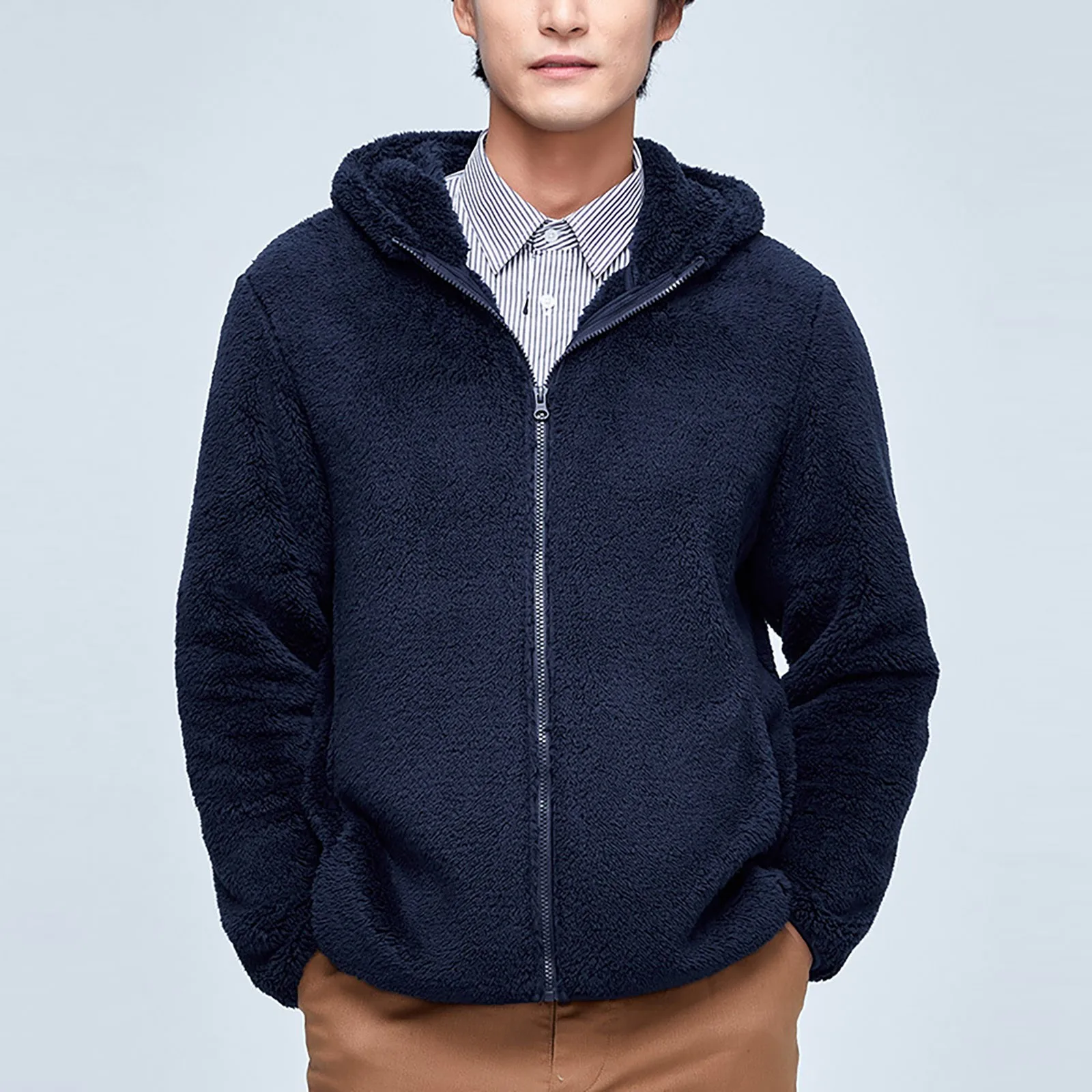 Мужская Флисовая куртка на молнии однотонная теплая с капюшоном и карманами