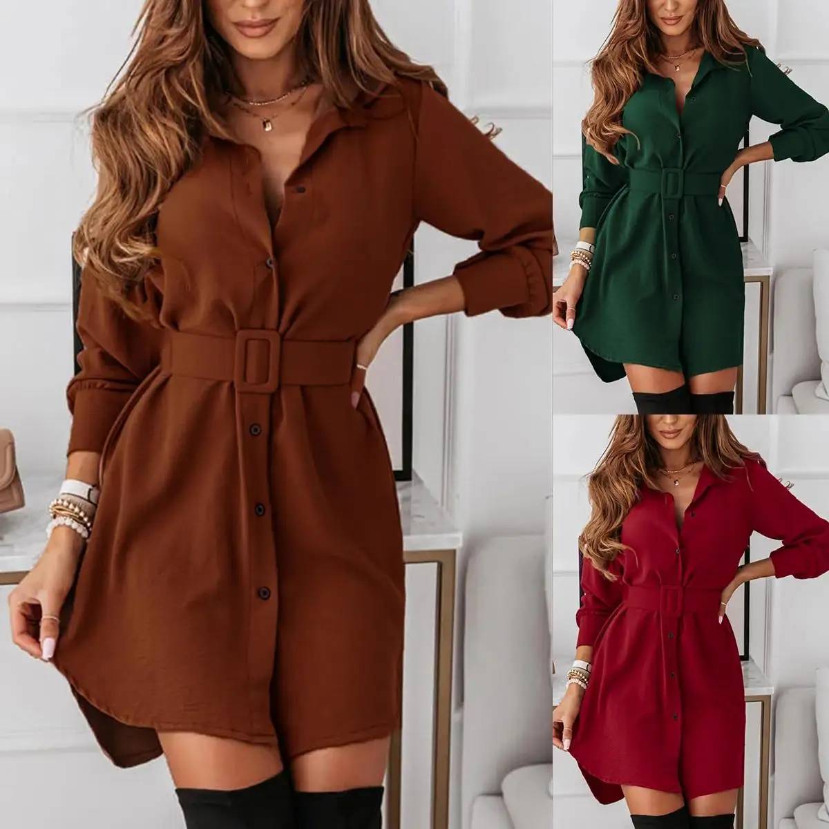 

Belted Shirt Dress Women Fall 2021 New Fashion Pure Color Lapel Slim Mini Dress