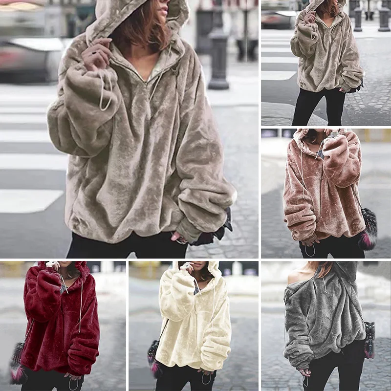 

Women Hooded Pullover Female Warm Jumper Coat Solid Color Casual Long Sleeve Loose Fluffy Tops Solid